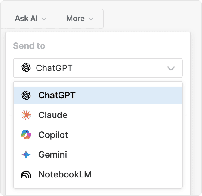 The Ask AI “Send to” dropdown open, listing ChatGPT (highlighted), Claude, Copilot, Gemini and NotebookLM, each with its logo.